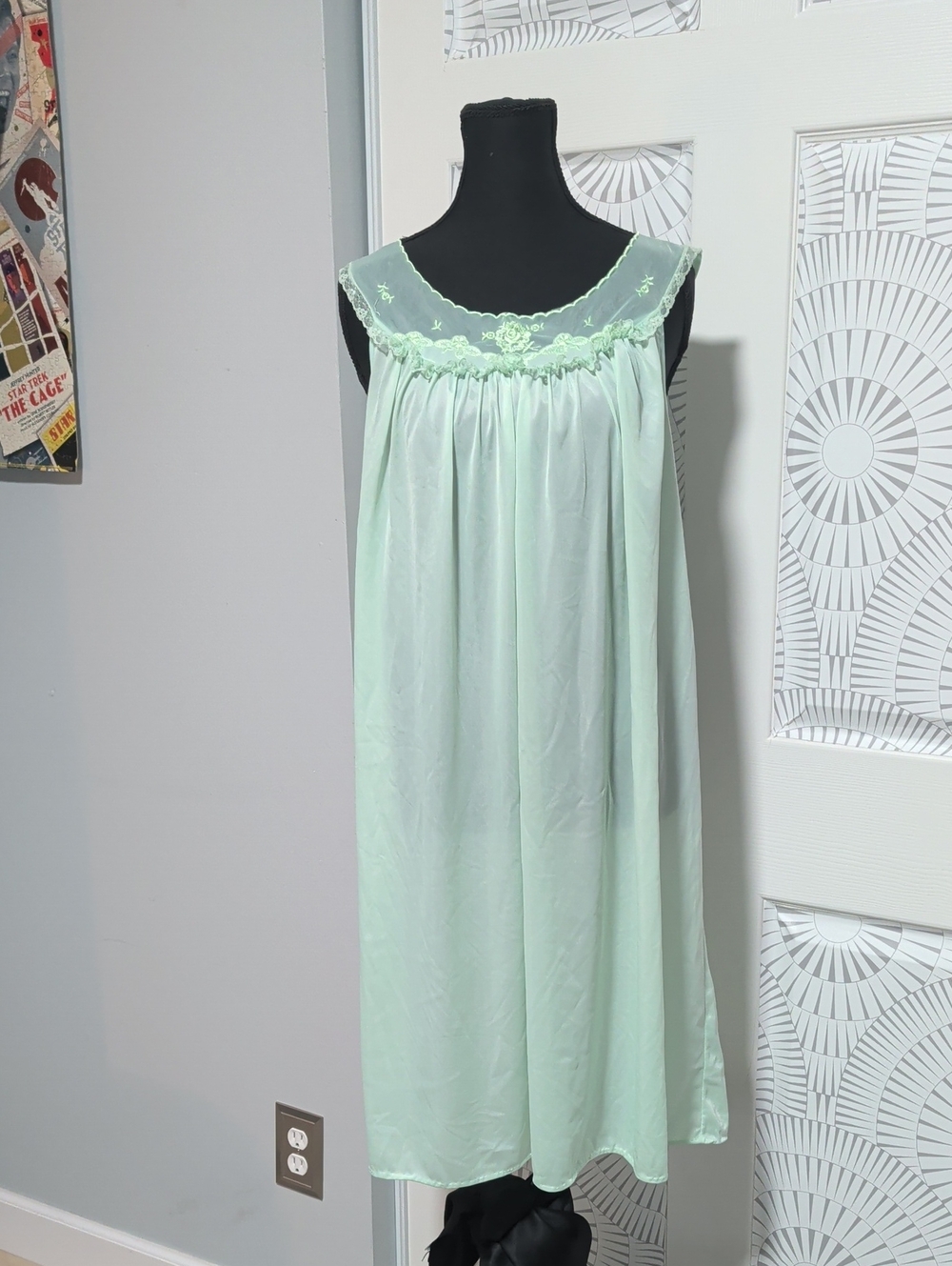 Vintage Light Green Embroidered Yoke Nightgown